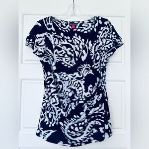 Vince Camuto Blue  and White Abstract Printed Wrap-Front Tunic